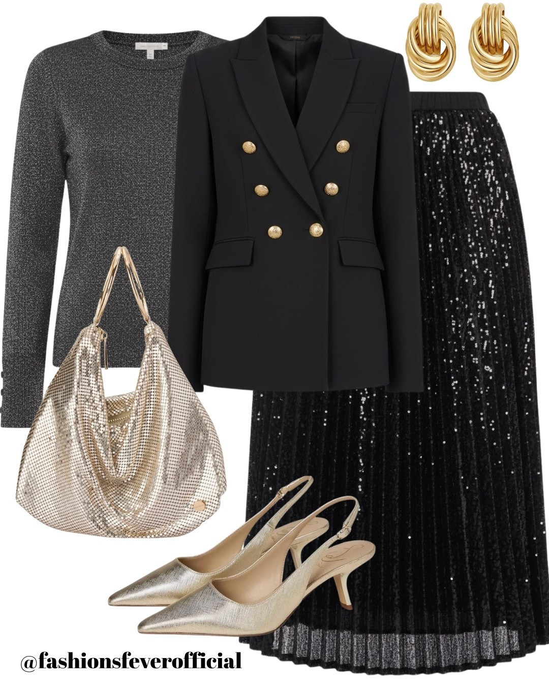 Holiday Outfit - NYE 2025! Celebrate New Year’s Eve with this sweater top paired with a blazer and black sequin skirt. To balance the look perfectly, I’ve added a golden bag and golden slingback pumps. This look is apt for New Year’s parties, dinners, etc., that require glitz and glam party outfits. 

#LTKNye #LTKFashion #LTKStyletip

#LTKSeasonal #LTKHoliday