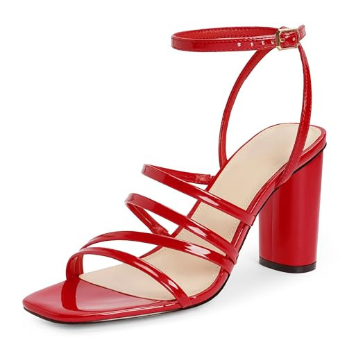 OPIRRTOY Red Chunky Heels for Women Strappy Block High Heels Red Sandals for Women Block Heels Red Prom Shoes Comfortable Party Dress Shoes Size 11 | Amazon (US)