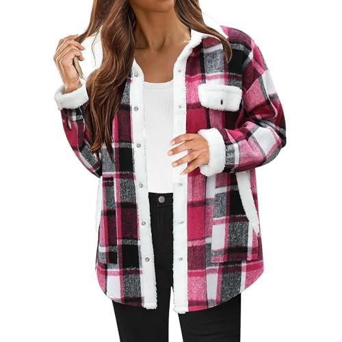Womens Fall Fashion 2025 Flannel Shackets Plaid Button Down Jacket Casual Long Sleeve Fleece Shirt with Pockets Hot Pink Fall Fashion for Women 2025 Trendy M | Amazon (US)