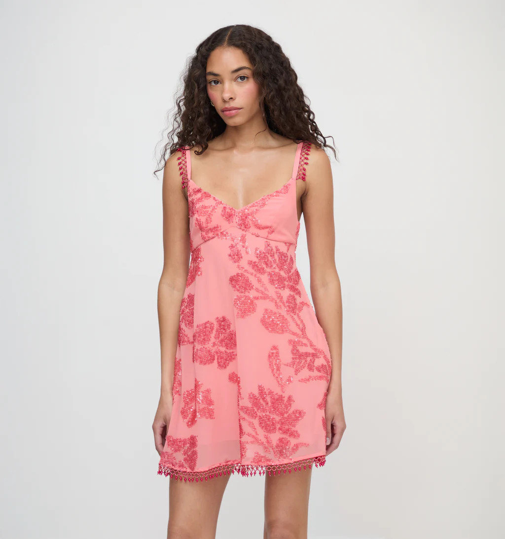 The Trix Dress - Coral Georgette With Sequins | Hill House Home US