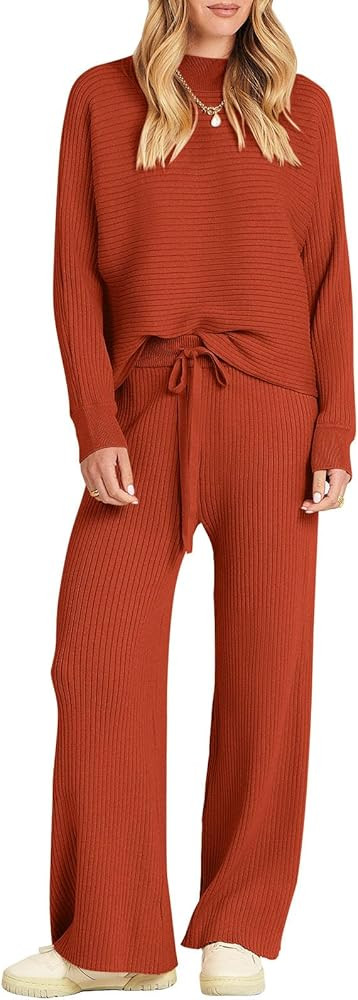 ANRABESS Women's Two Piece Outfits Batwing Long Sleeve Crop Top & Ribbed Knit Wide Leg Pants Loun... | Amazon (US)