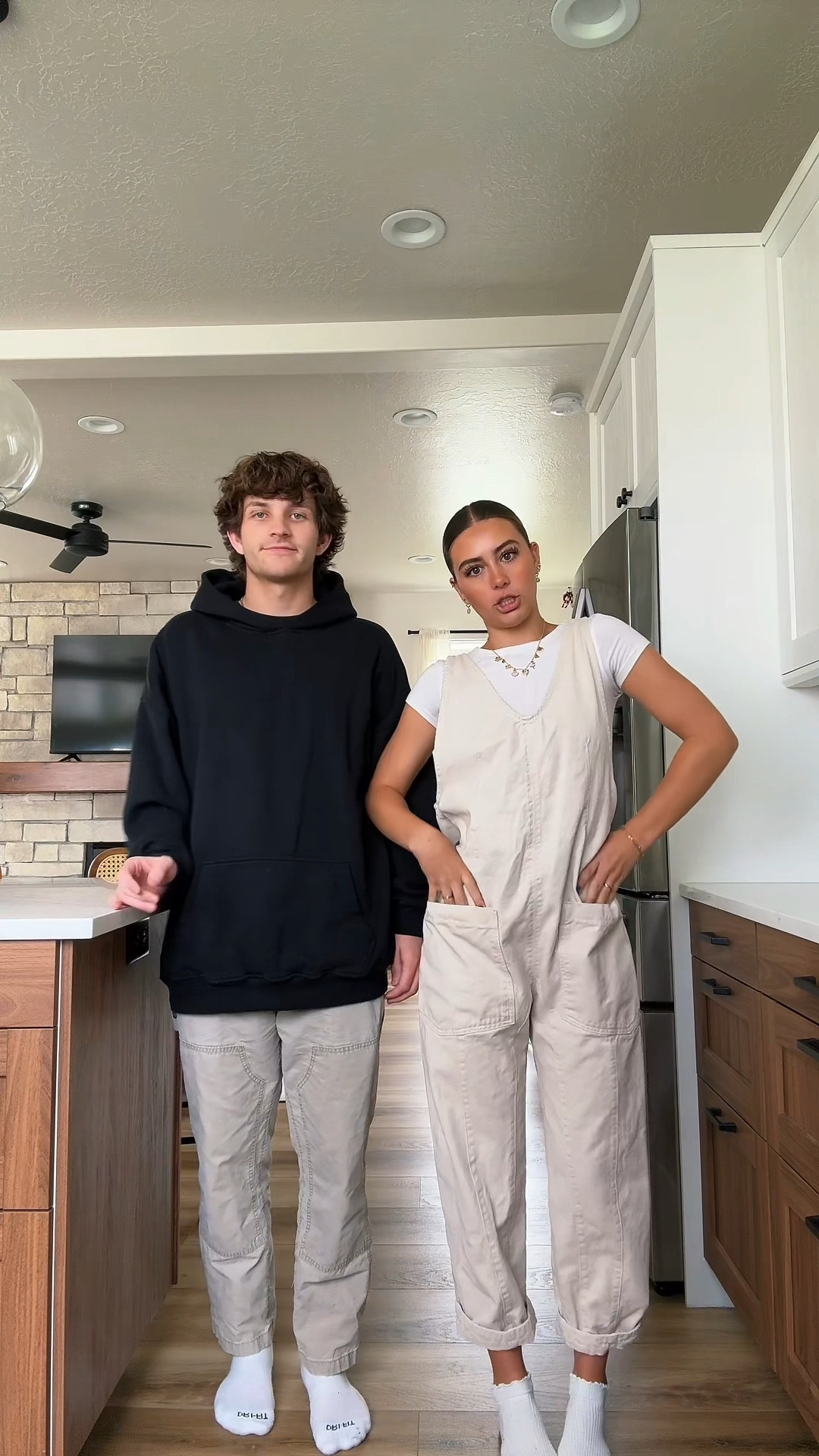 our outfits! wearing a size XS in the overalls! 