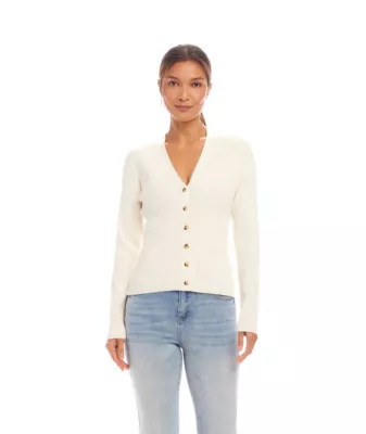 Karen Kane Ribbed Cardigan Sweater, White, Medium | Belk