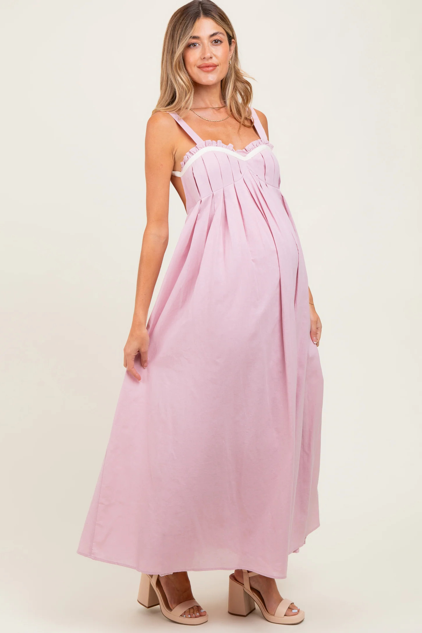 Light Pink Sweetheart Neckline Open Back Maternity Maxi Dress | PinkBlush Maternity