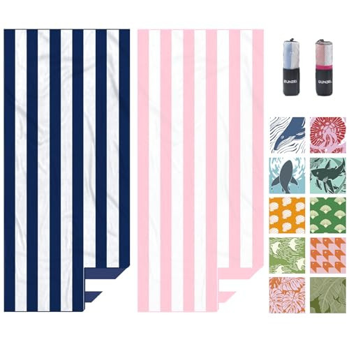 Eunzel 2 Pack Microfiber Beach Towel, Quick Dry Travel Towel Large Sand Free Towel for Beach, Camping, Swim Pool, Gym, Sports& Yoga 71"x32", Stripe Navy & Pink | Amazon (US)