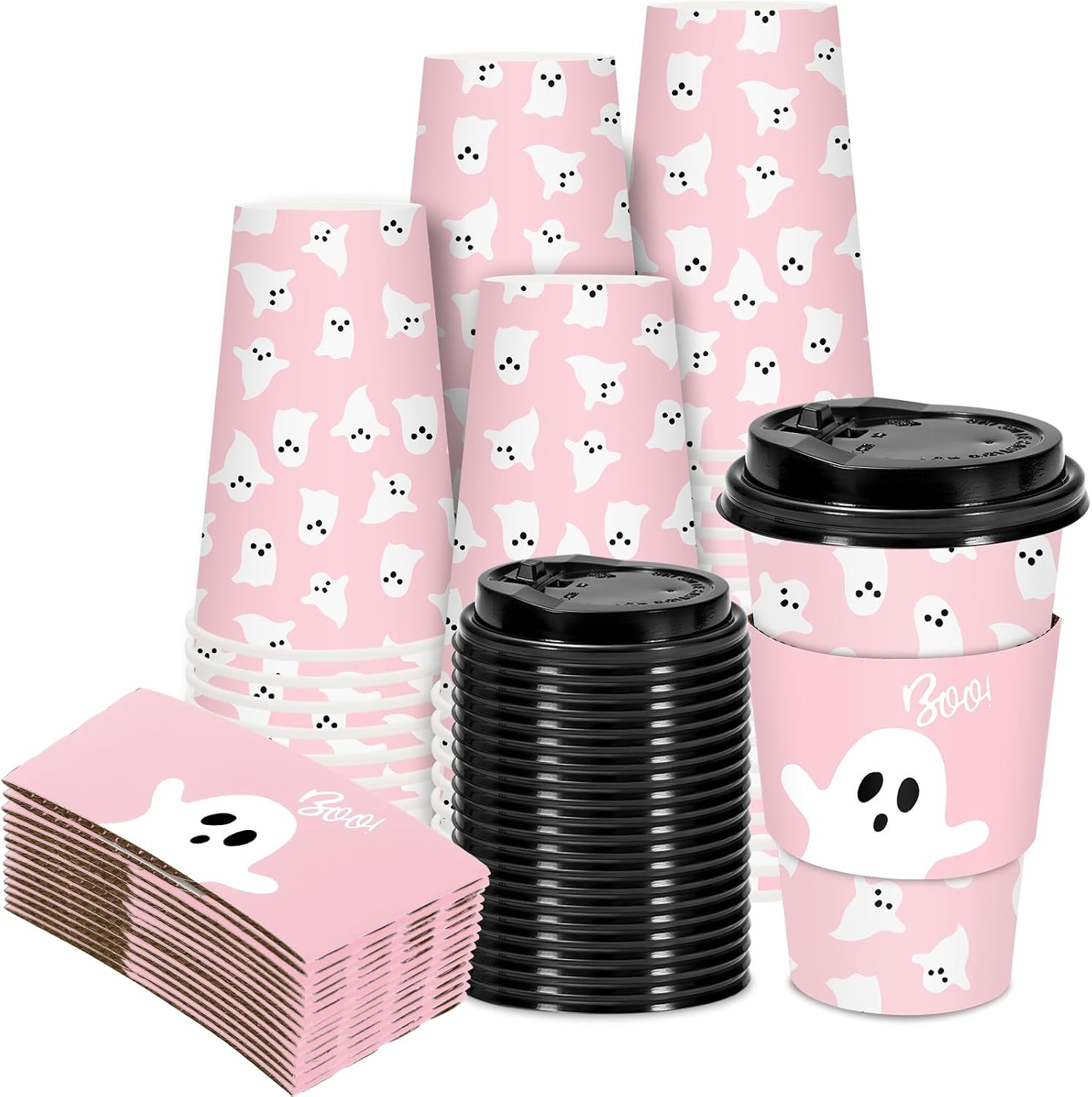 JarThenaAMCS 50 Sets Halloween Ghost Coffee Cups with Lids and Sleeves 16oz Pink Cute Ghost Boo Paper Cups Disposable To Go Coffee Cup for Cafes Shops Cappuccino Chocolate Beverage | Amazon (US)
