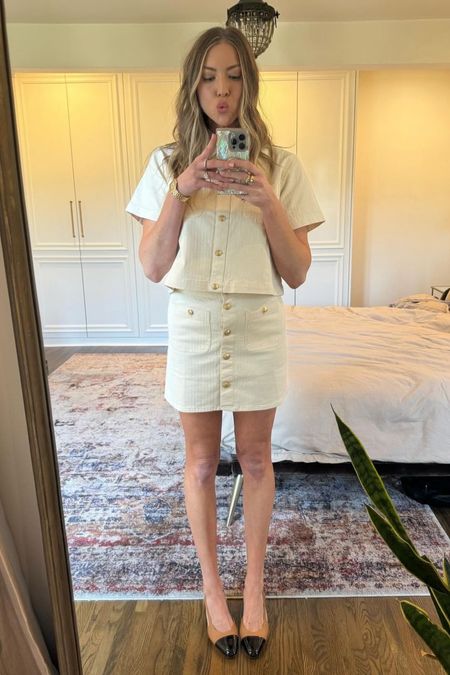 Shop Stassi Schroeder's matching set Textured denim mini skirt and button front shirt #stassiSchroeder #CelebrityStyle 

#LTKStyleTip