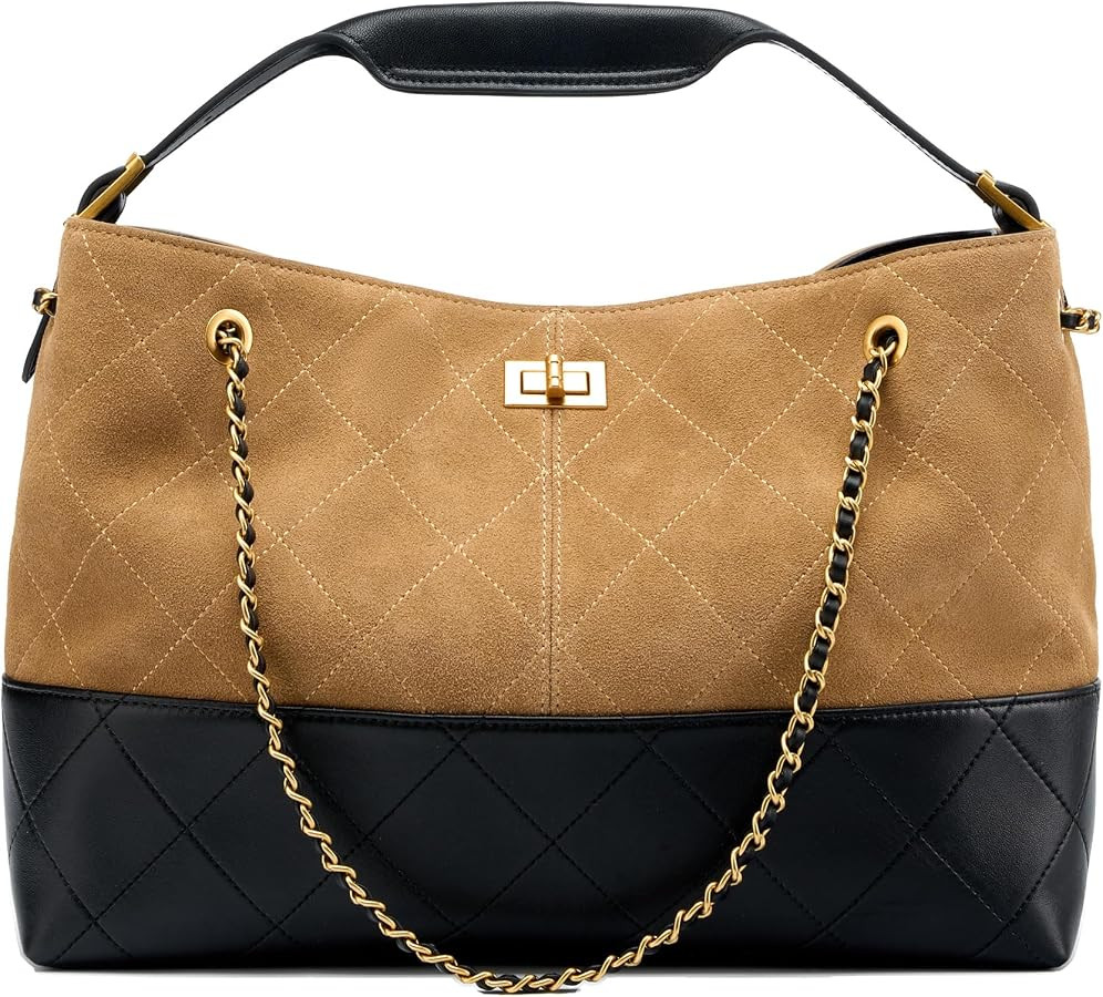 Soft Genuine Leather Lambskin Suede Quilted Bag,Carryall Top Handle Gold Chain Shoulder Shopping ... | Amazon (US)