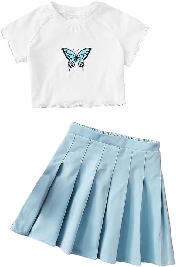 SOLY HUX Girl's Butterfly Print Short Sleeve Tee Top and Pleated Skirt Set 2 Piece Outfits | Amazon (US)