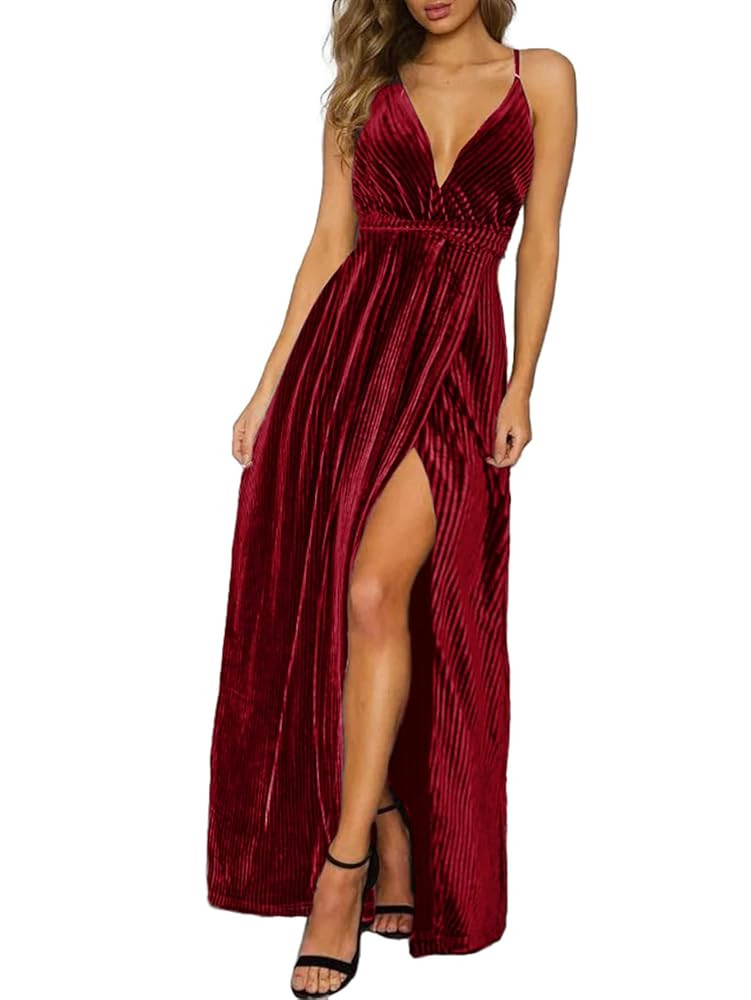 Simplee Women’s V Neck Velvet Maxi Dress Short Sleeve Empire Waist Long Formal Dress for Weddin... | Amazon (US)