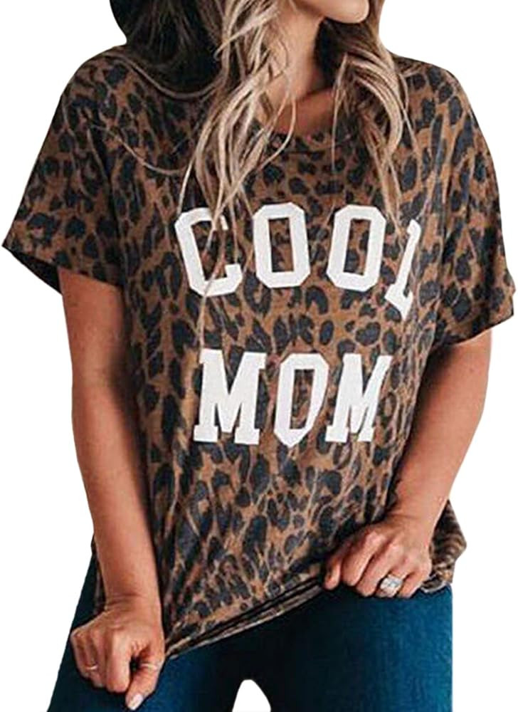 Mansy Womens Cute Leopard Print Tops Short Sleeve Cheetah Animal Print Funny Mama Graphic Tees T Shi | Amazon (US)