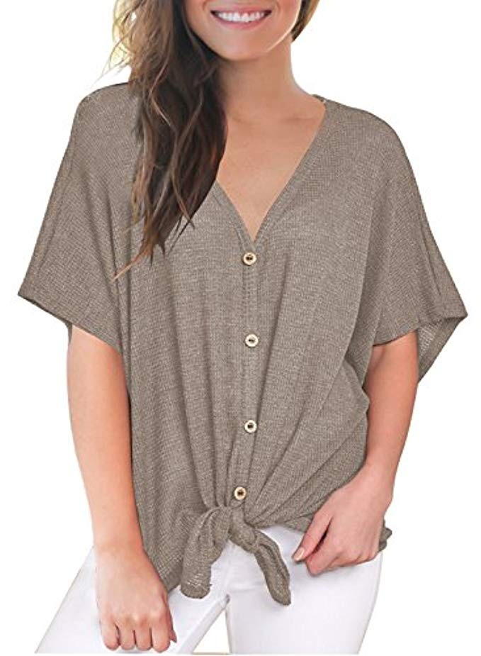 MIHOLL Womens Loose Blouse Short Sleeve V Neck Button Down T Shirts Tie Front Knot Casual Tops | Amazon (US)