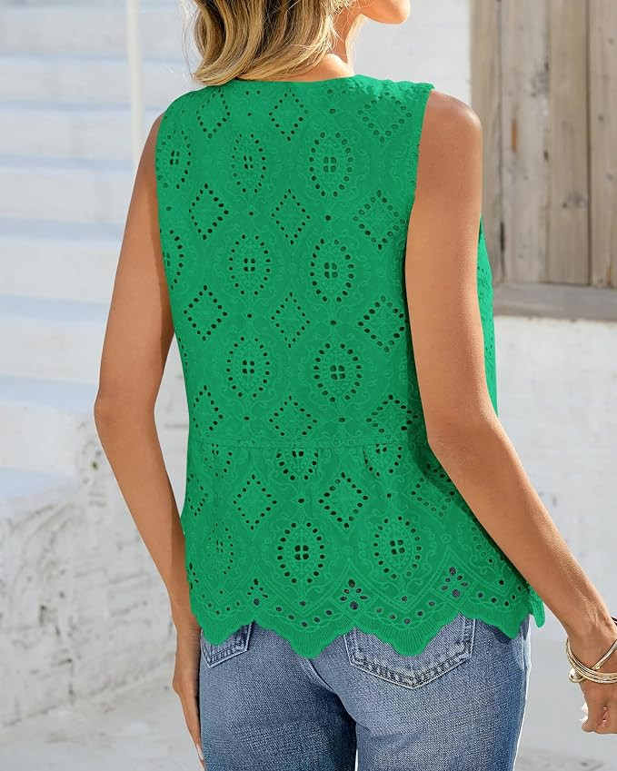 BTFBM Womens Tank Tops Embroidered Eyelet Blouse | Sleeveless Crew Neck Button Down Shirts,Hollow... | Amazon (US)