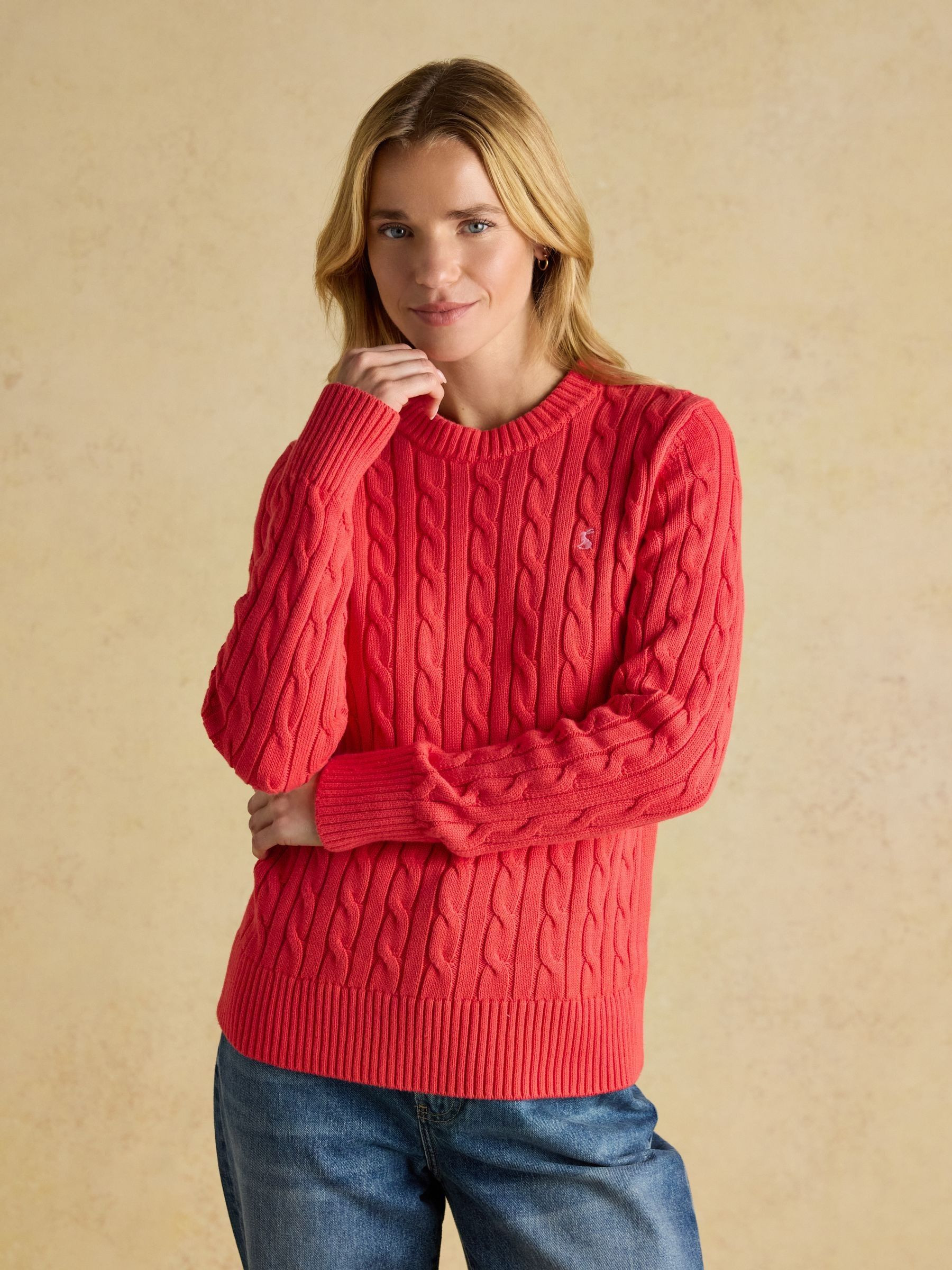 Classic Cable Red Cotton Crew Neck Jumper | Joules | Joules