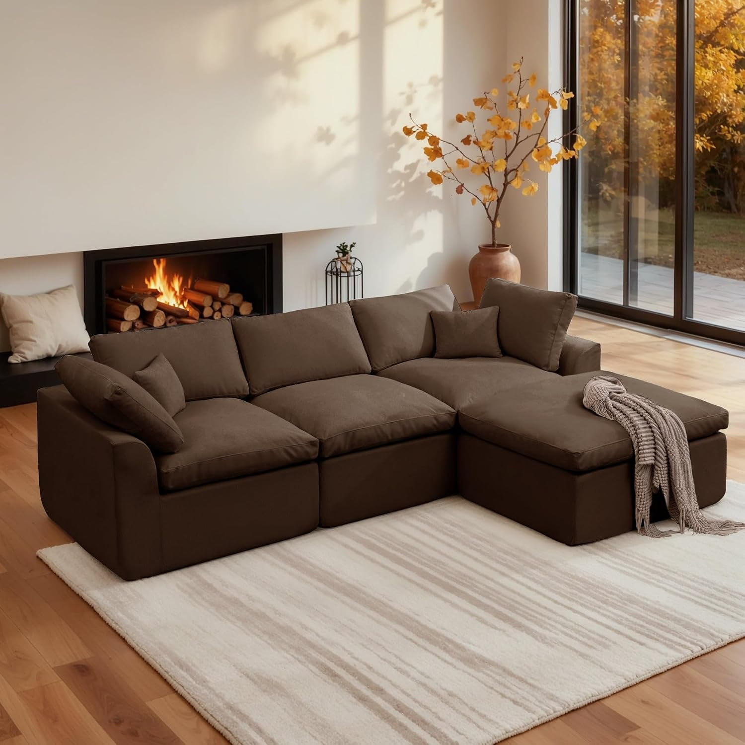 Korser 110" Cloud Sectional Couches for Living Room, Modern Modular Sectional Sofa with Ottoman, Boneless Cloud Couch with Comfy Deep Seats, Fluffy Chenille L-Shape Sofa Couch for Living Room, Brown | Amazon (US)