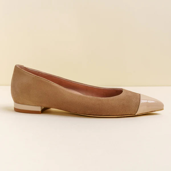 Tenacious Tan Suede with Tender Taupe Patent Leather Cap Toe Flat | ALLY Shoes