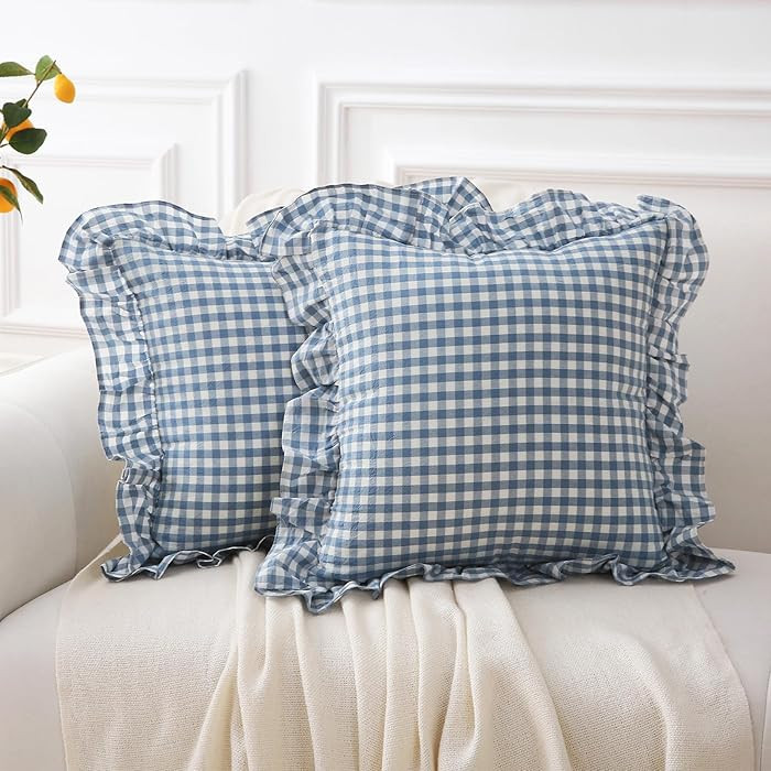 2 Pack Dust Blue White Plaid Gingham Ruffle Throw Pillow Covers, 100% Washed Cotton Decorative Bu... | Amazon (US)