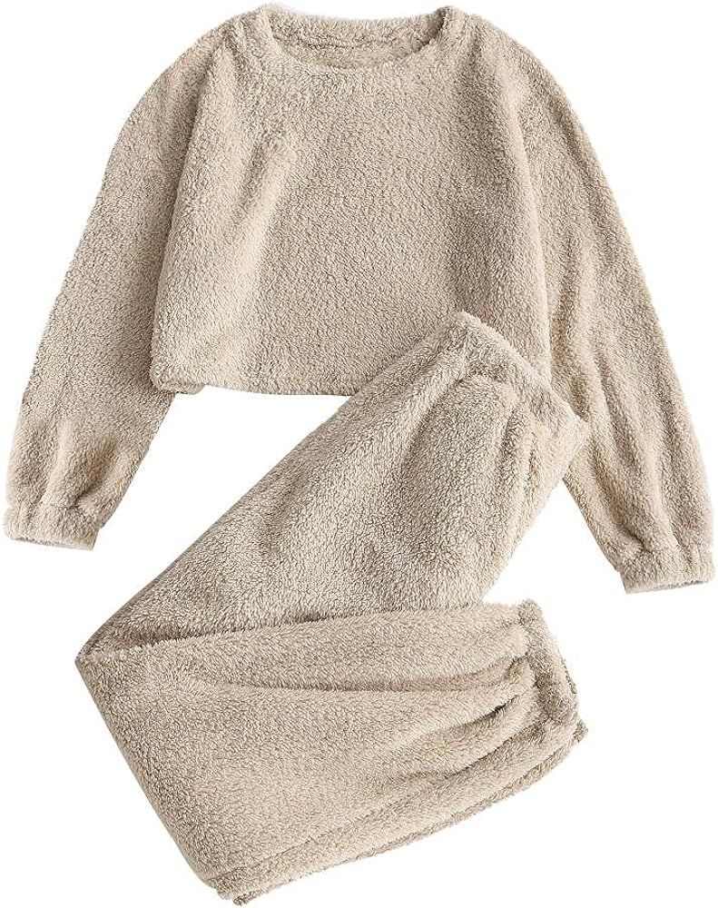 ZAFUL Women's Fuzzy Lounge Casual Pajamas Sets Long Sleeve Fleece Pullover and Pants Set 2 Piece Flu | Amazon (US)