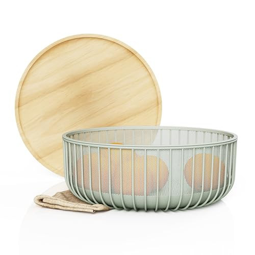 LIBKEN Metal Wire Mesh Fruit Baskets with Wooden Lid - Fly-Proof Indoor Solution for Fresh Fruits - Covered Fruit Bowl - Produce Cover Against Flies for Banana, Tomato and Vegetables - Green | Amazon (US)