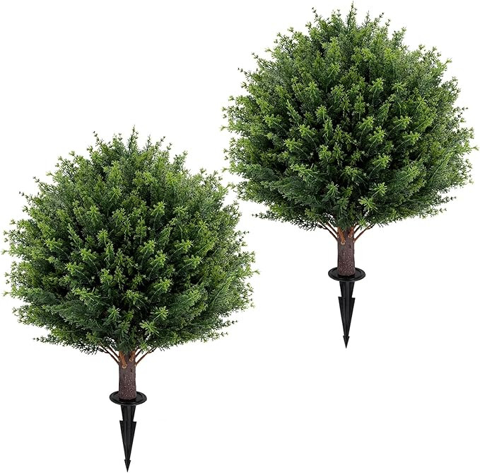 Artificial Cedar Topiary Ball Tree 23" with Ground Spike, Set of 2 Artificial Boxwood Bushes for ... | Amazon (US)