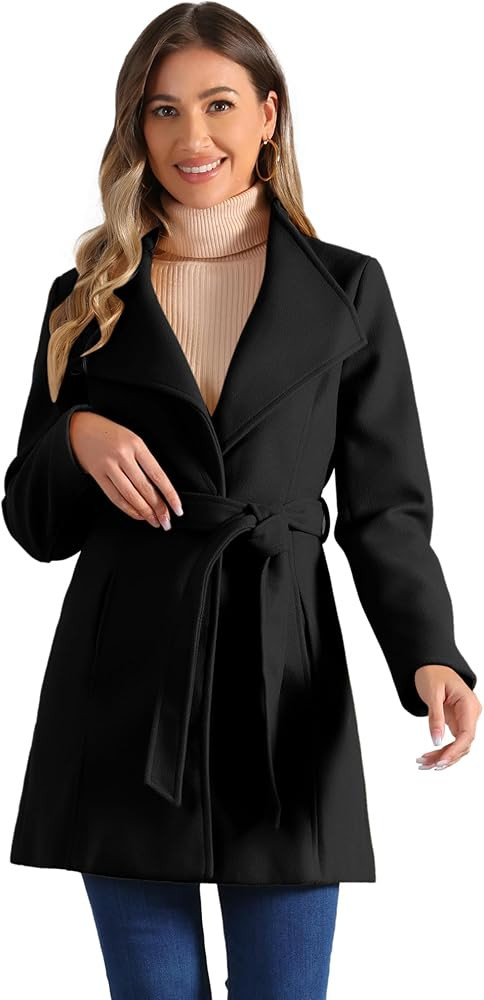 Allegra K Women's Classic Stand Collar Outwear Overcoat Long Sleeve Winter Belted Pea Coat | Amazon (US)