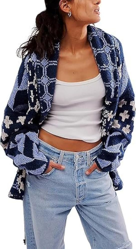 Women Fall Sweater Cardigans Fashion Graphic Printed Button Down Shawl Collar Oversized Sweater Y... | Amazon (US)