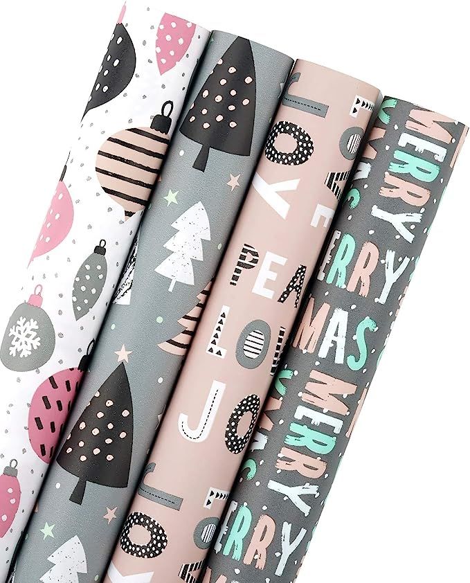 WRAPAHOLIC Christmas Kraft Wrapping Paper Roll - Pink and Grey Christmas Set for Holiday, Party D... | Amazon (US)
