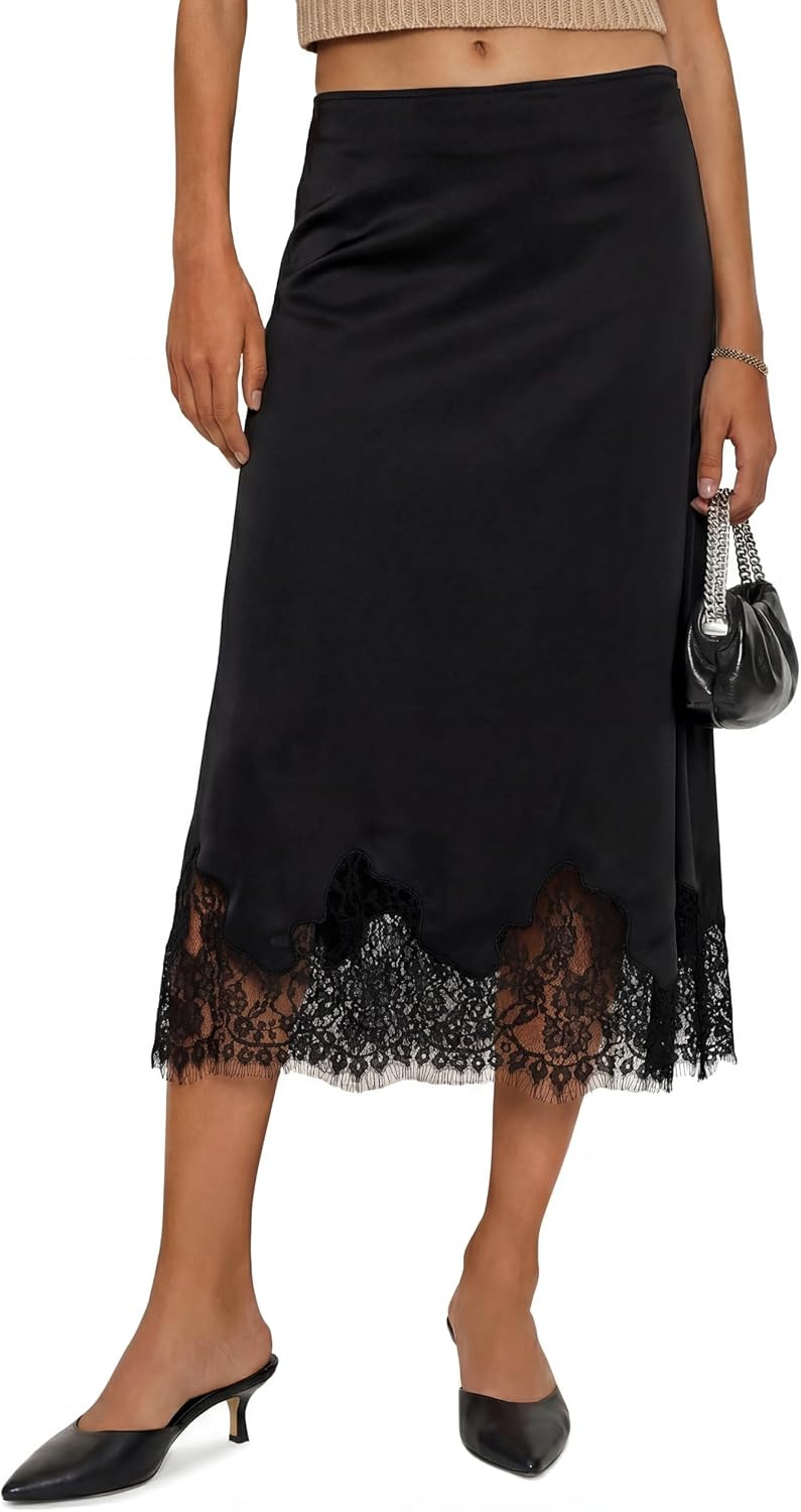 Cicy Bell Women Silk Satin Midi Skirts Casual Dressy Lace Hem Elegant Skirt | Amazon (US)