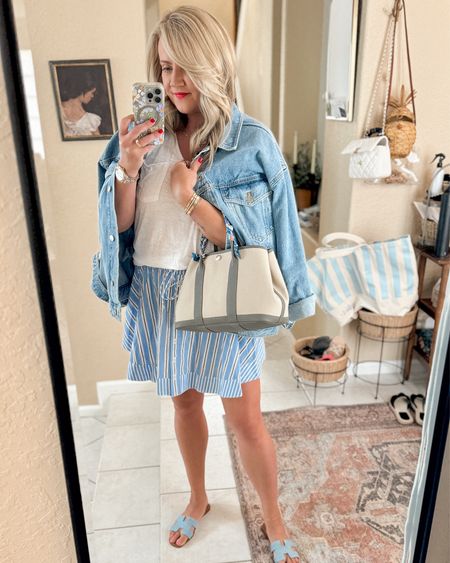 Summer outfit, Anthropologie, summer skirt, denim jacket, Hermes sandals, Hermes garden party tote 

#LTKMidsize #LTKStyleTip #LTKFindsUnder100