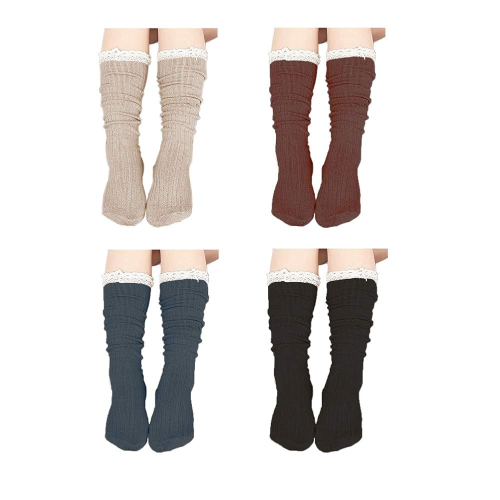 4 Pack Women Cotton Knit Boot Socks Knee High Socks Stockings with Lace Trim (Beige, Dark Grey, B... | Amazon (US)