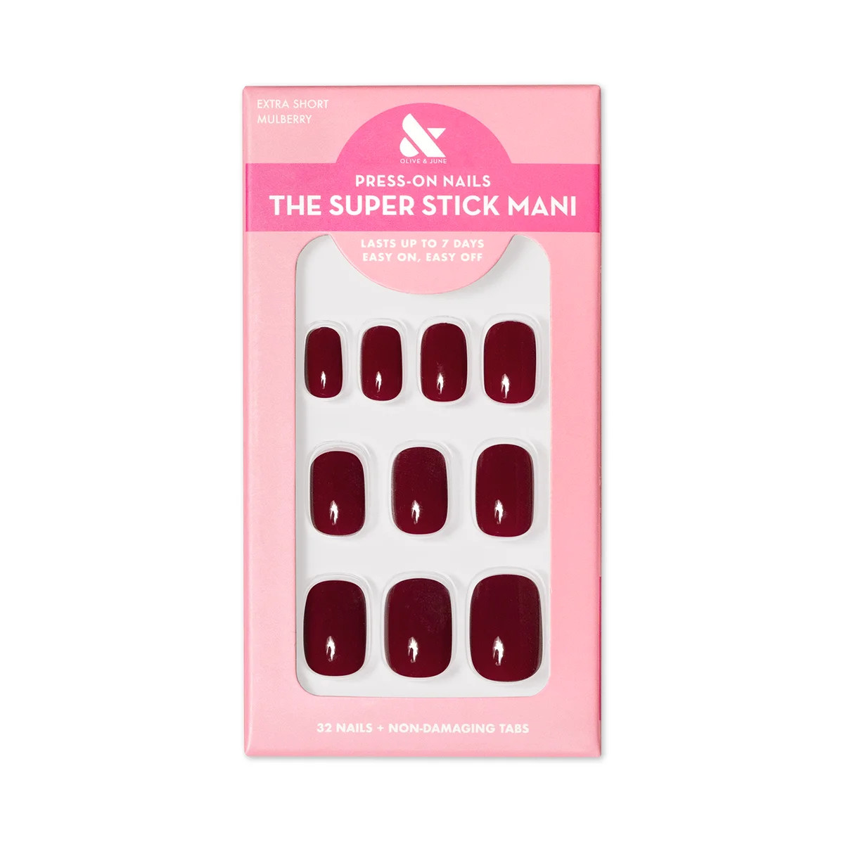 Olive & June Super Stick Mani Squoval Extra Short Press-On Tabs, Red, Mulberry, 32 Pieces - Walma... | Walmart (US)