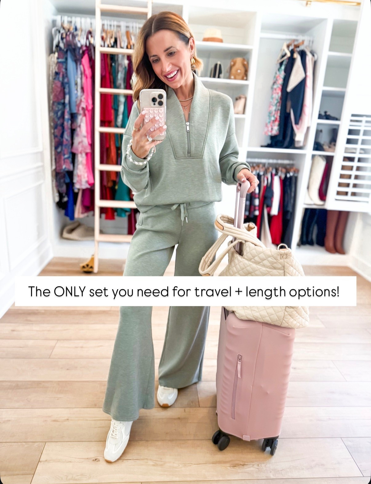 Code LTKSPANX. My all time favorite travel sets! Spanx AirEssentials matching set in XS petite pants and XS top. Airport outfit. Travel outfit. Tory Burch sneakers - I sized up half a size! My favorite travel tote with a million pockets! Beis luggage with cover. 

#LTKTravel #LTKSpringSale #LTKootd