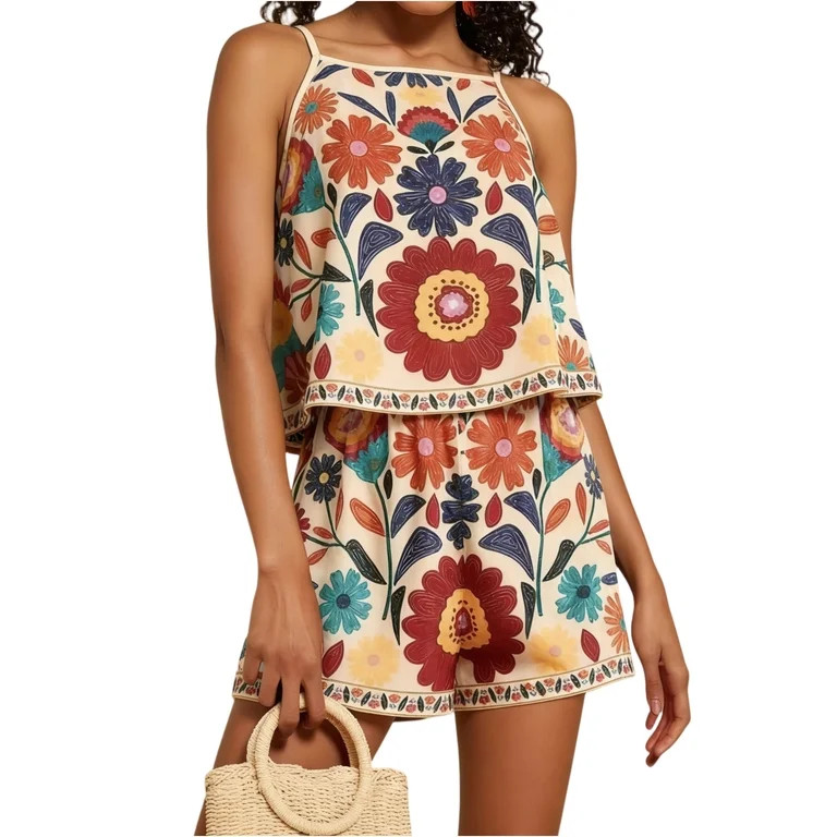 JULMCOMO Two Piece Sets for Women Boho Floral Print Spaghetti Strap Summer Tank Tops Wide Leg Bag... | Walmart (US)
