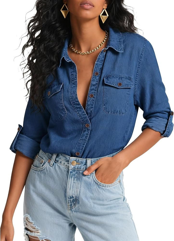 Denim Shirts Women Chambray Blouse Long Sleeve Button Down Jean Shirt Lightweight Blouses Western... | Amazon (US)