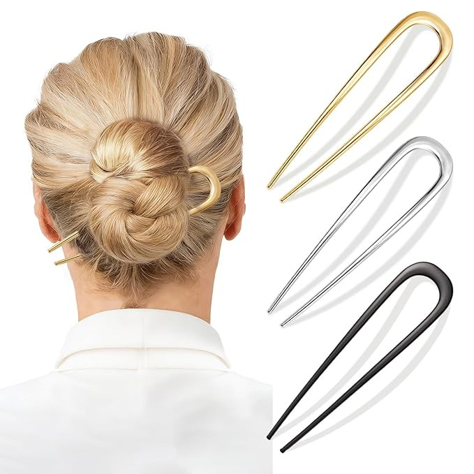 3 Pcs French Hair Pins for Women, French Twist Hair Pins for Buns, Metal Gold Hair Accessories | Amazon (US)