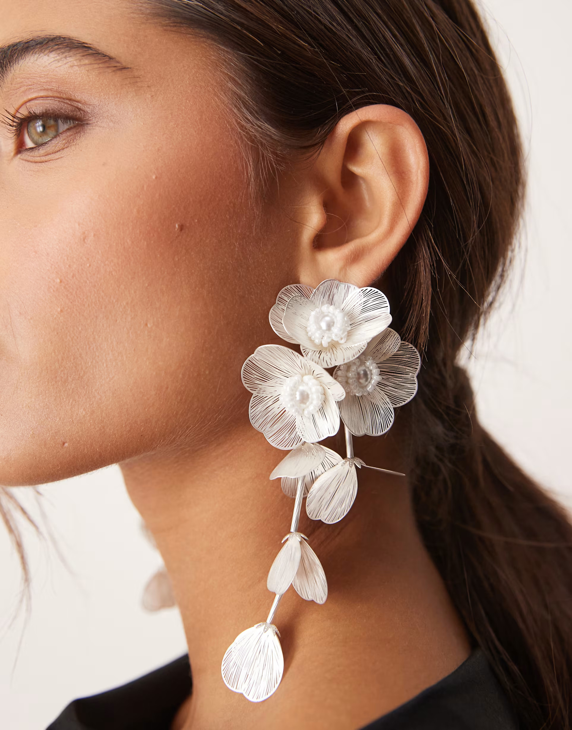 ASOS DESIGN drop earrings with 3D floral design in pearl white tone | ASOS (Global)