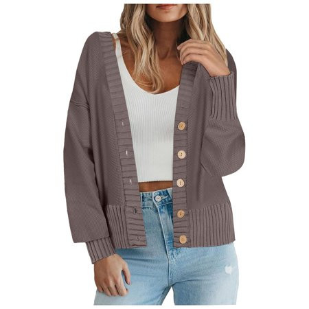 Sopiago Women s Knit Open Front Sweater Long Sleeve Button Loose Short Cardigan Outerwear Coats Coffee 2XL | Walmart (US)
