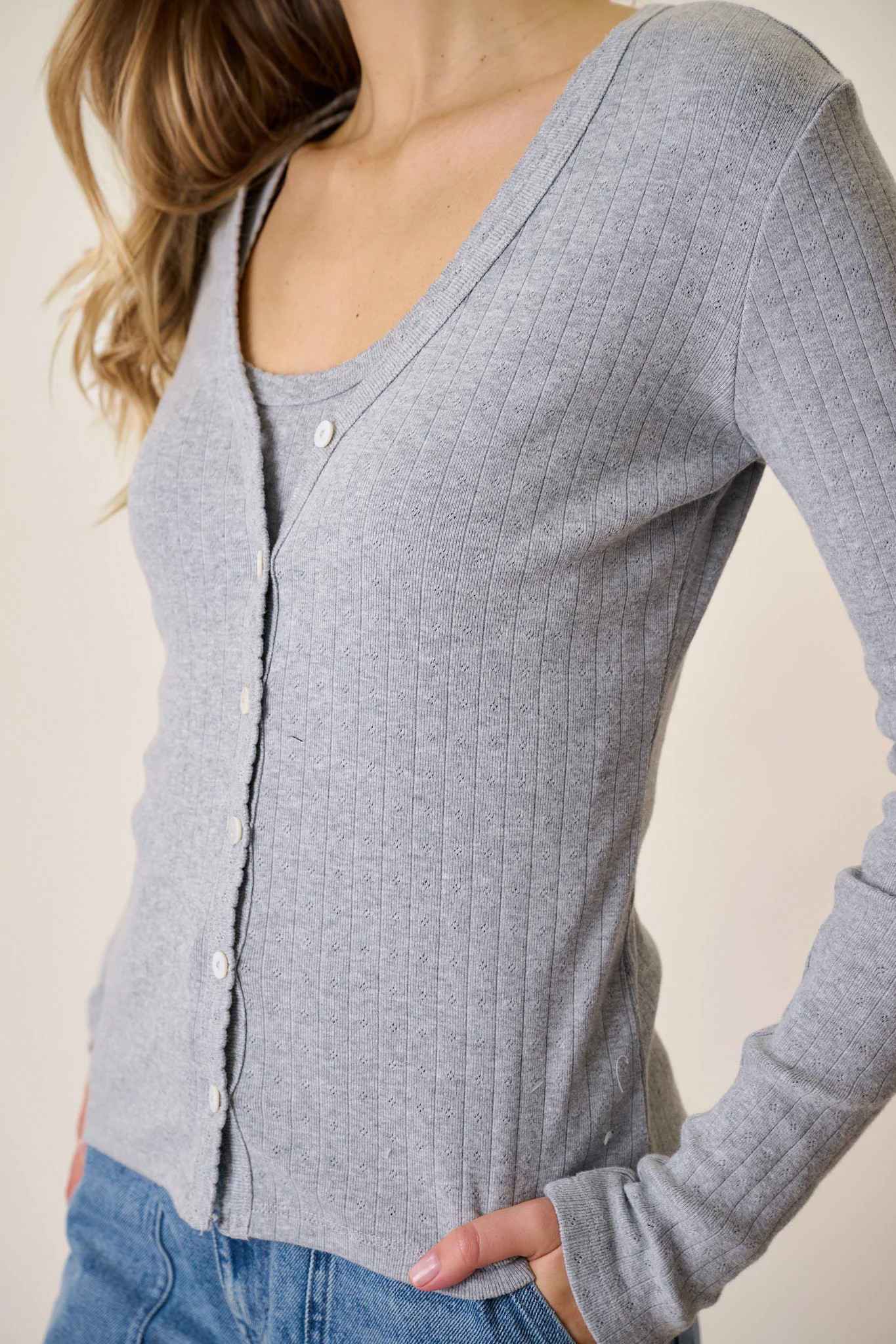Pointelle Cardigan - Grey | Marea