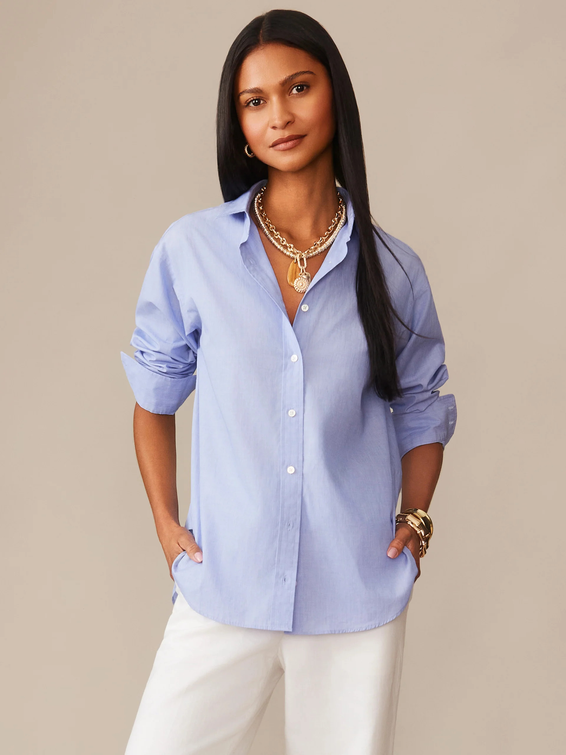 Med_Blue Solid Finn Shirt | Women's Tops | J.McLaughlin | J.McLaughlin