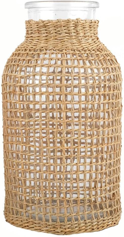 Boho Glass Flower Vase with Rattan Cover, Farmhouse Flower Bud Vase, Round Decorative Flower Vase... | Amazon (US)