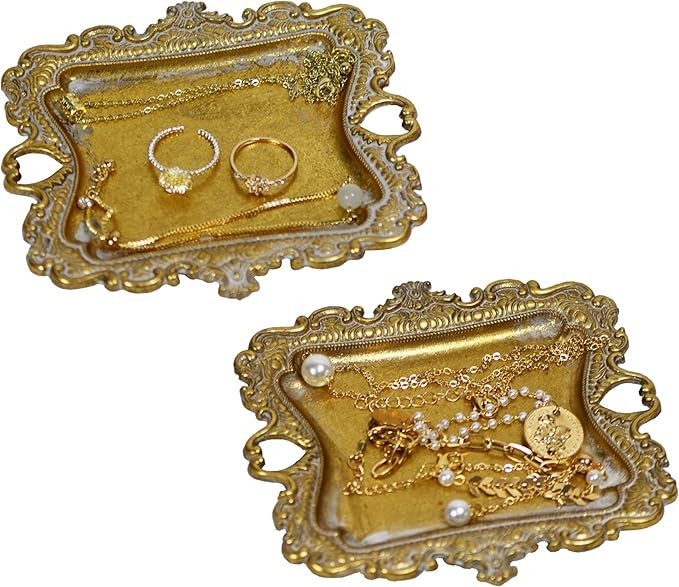 Funly mee Small Antique Trinket Dish Vintage Jewelry Tray, Ring Holder (Gold-2PACK) | Amazon (US)
