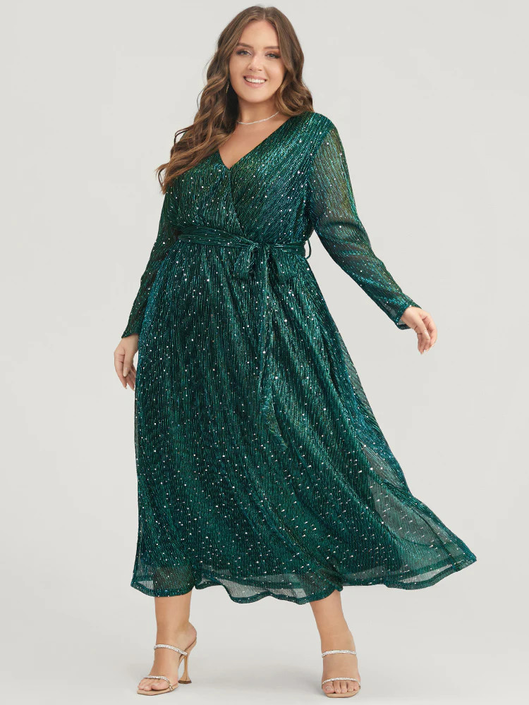 Solid Pocket Wrap Belted Sequin Mesh Maxi Dress | Bloomchic