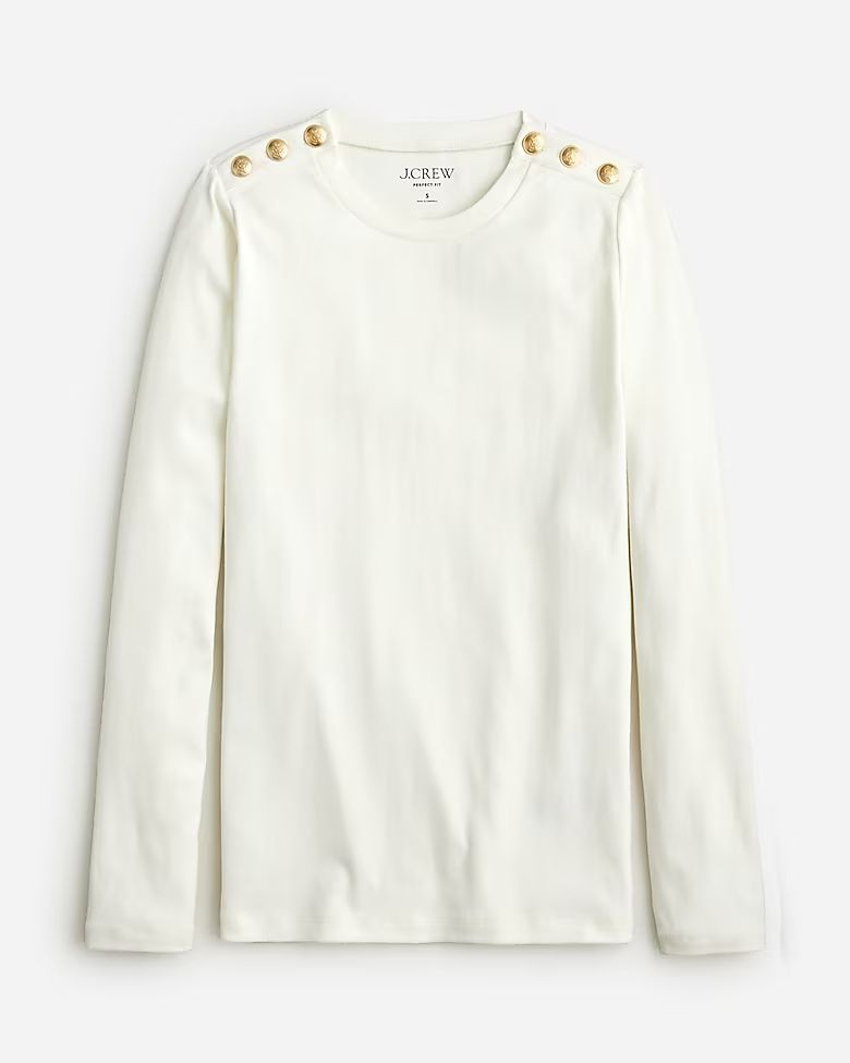 Perfect-fit long-sleeve crewneck striped T-shirt with buttons | J.Crew US