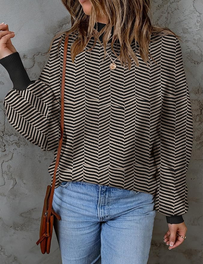 ZESICA Women's 2024 Fall Fashion Turtleneck Long Sleeve Striped Ribbed Knit Loose Pullover Sweate... | Amazon (US)