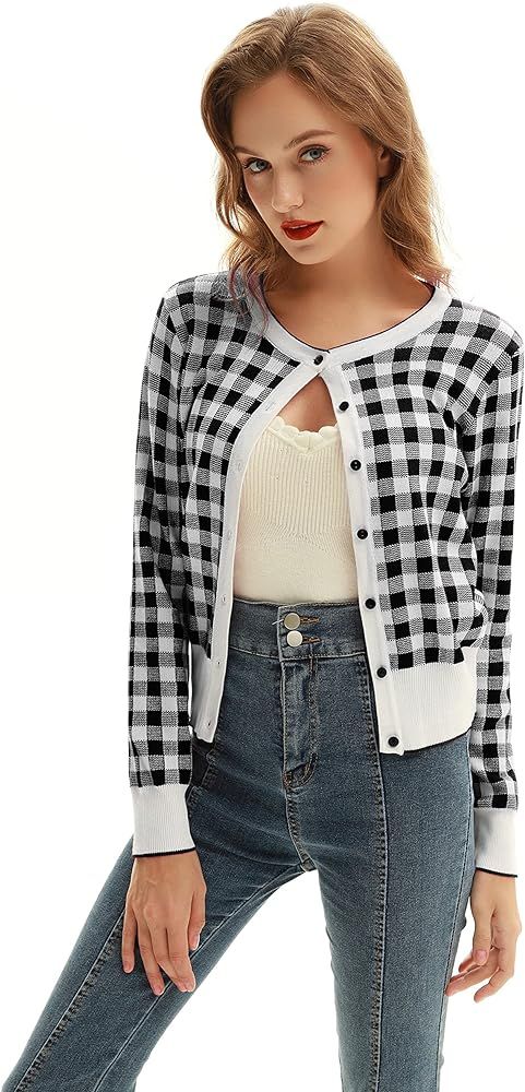 Women Button Knit Cardigan Contrast Color Long Sleeve Shrug BP779 | Amazon (US)