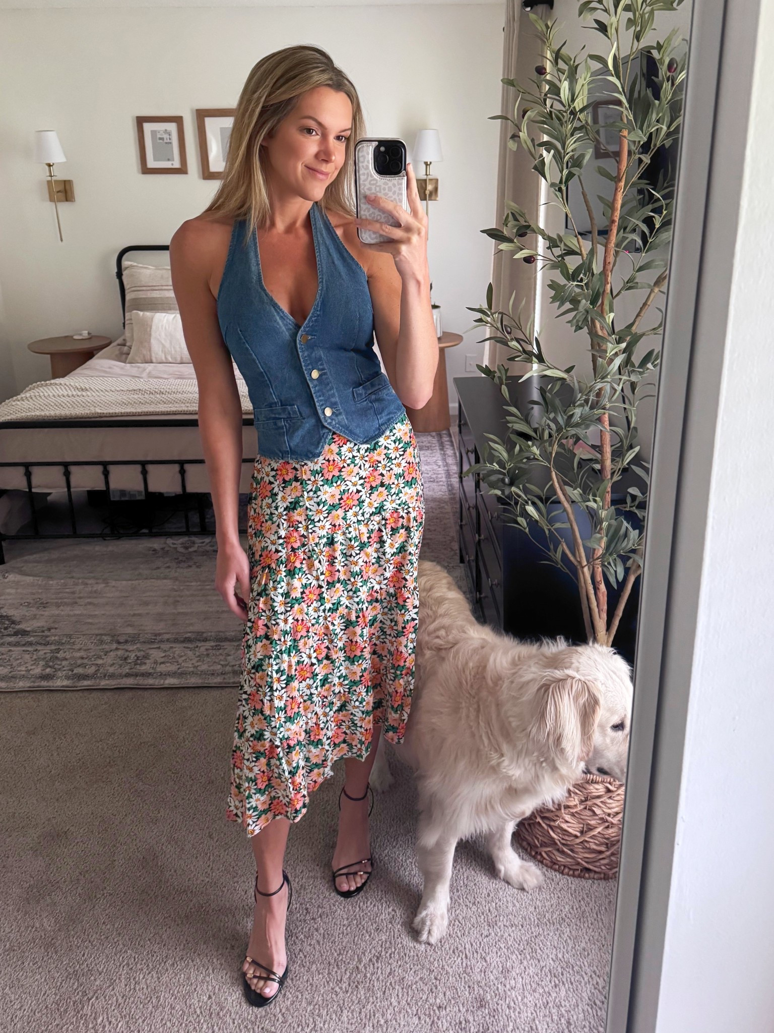 Denim vest, amazon fashion, floral skirt, midi skirt, summer, spring casual outfit