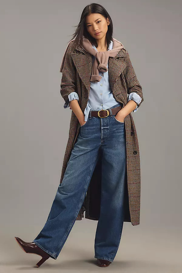 Plaid Strong Shoulder Long Coat Jacket | Anthropologie (US)