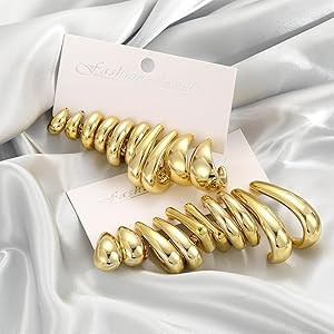 10 Pairs Chunky Gold Earrings for Women, Hypoallergenic Statement Hoops Earring for Multipack, Tr... | Amazon (US)