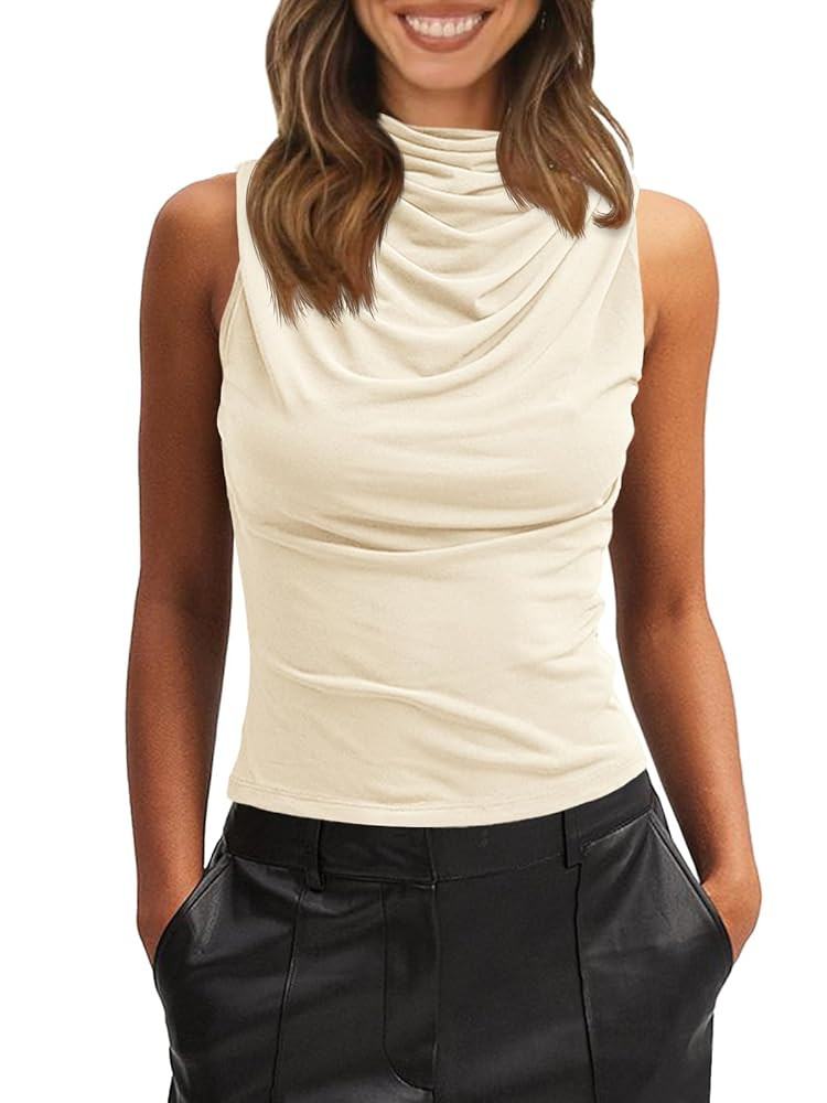 Tankaneo Womens Sleeveless Tank Tops Slim Fitted Mock Neck Draped Stretchy Summer Casual Ruched T... | Amazon (US)