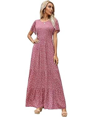 Kranda Women Summer Dress Round Neck Flutter Short Sleeve Smocked Ruffle Tiered Floral Maxi Dress... | Amazon (US)